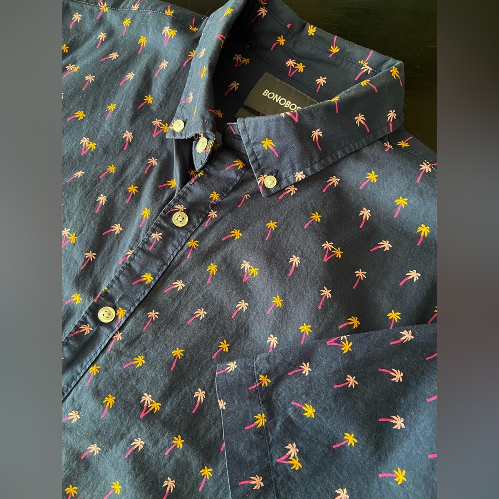 Bonobos Navy Button-Down Shirt with Pink & Yellow Palm Print